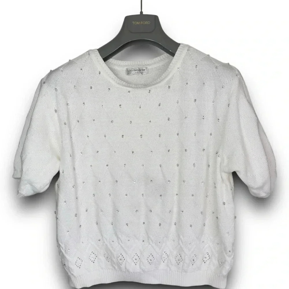 Liz Claiborne M White Embellished‎ Short Sleeve Sweater Cable Diamond Knit Bling